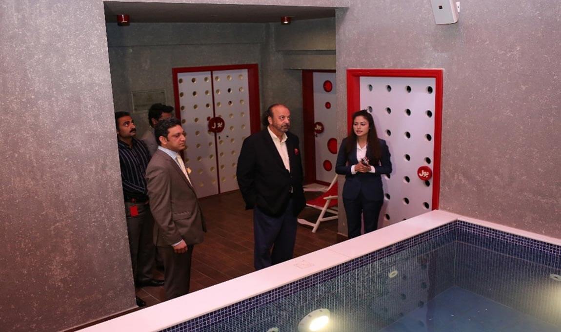 Mr. Agha Siraj Durrani – Speaker Sindh Assembly is being briefed about the indoor pool facility at BOL House